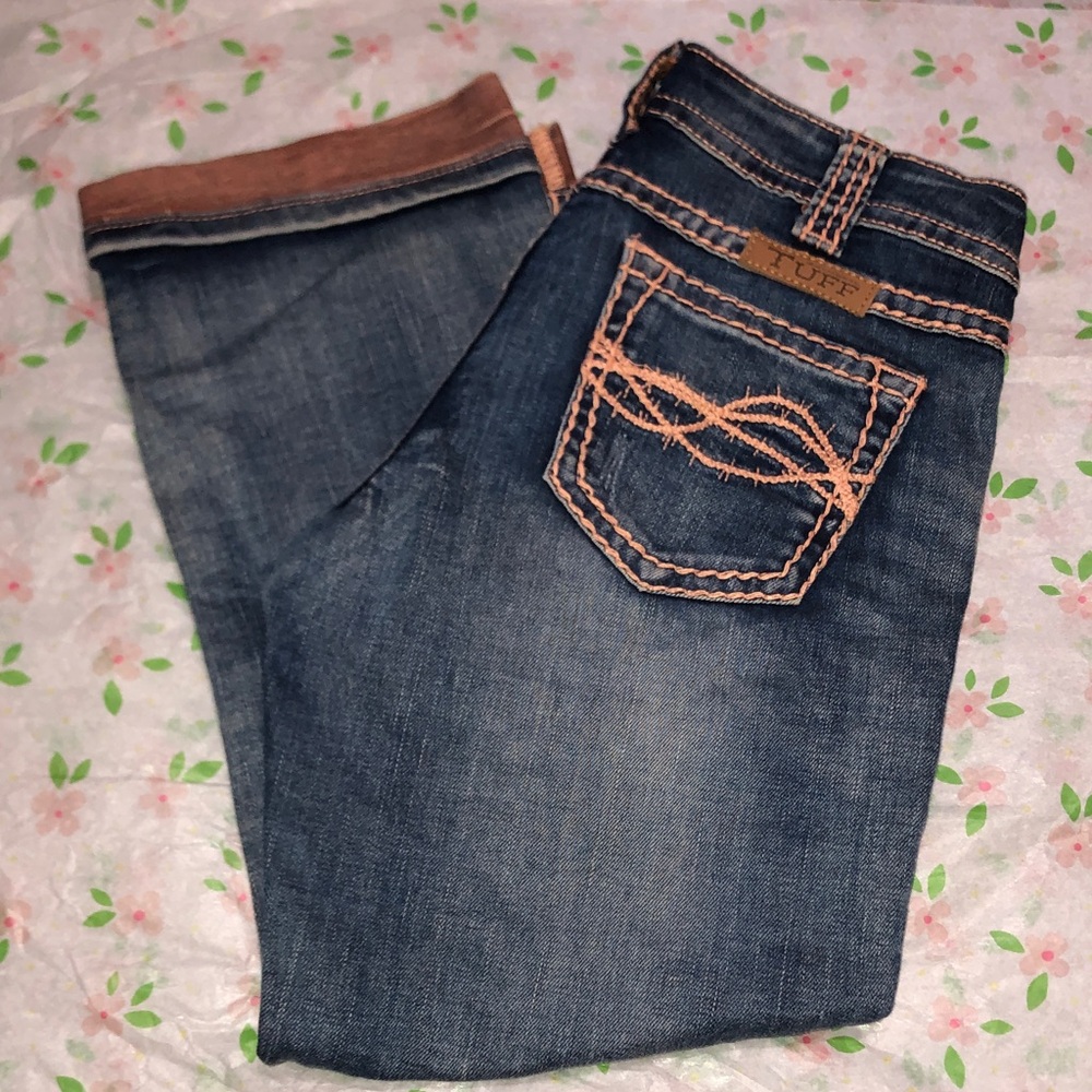 Cowgirl Tuff Dark Blue Ankle Jeans with Tan Stitching